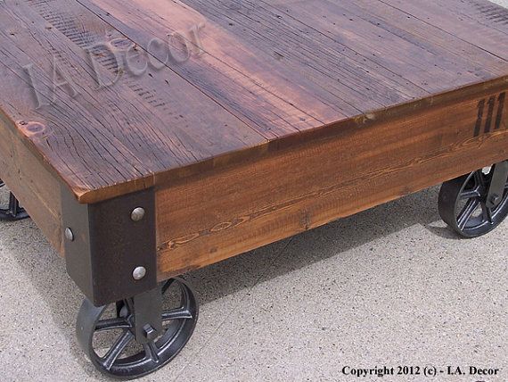 Factory Cart Coffe Table With Wheels On Corners Reclaimed Wood Industrial Rustic Coffee Table  (View 3 of 8)