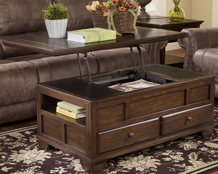 Lift Top Coffee Table Set Dark Brown Wood Square On Rug (View 2 of 10)