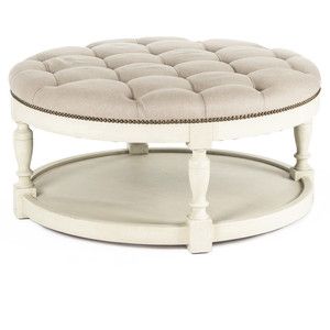 Marseille French Country Cream Ivory Linen Round Tufted Coffee Table Ottoman Tufted Round Ottoman Coffee Table (View 7 of 10)