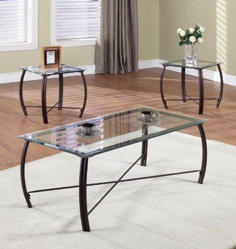 Modern Teak Coffee Table Beveled Glass And Copper Bronze Metal Frame Coffee Table 2 End Tables Occasional Table Set (View 2 of 10)