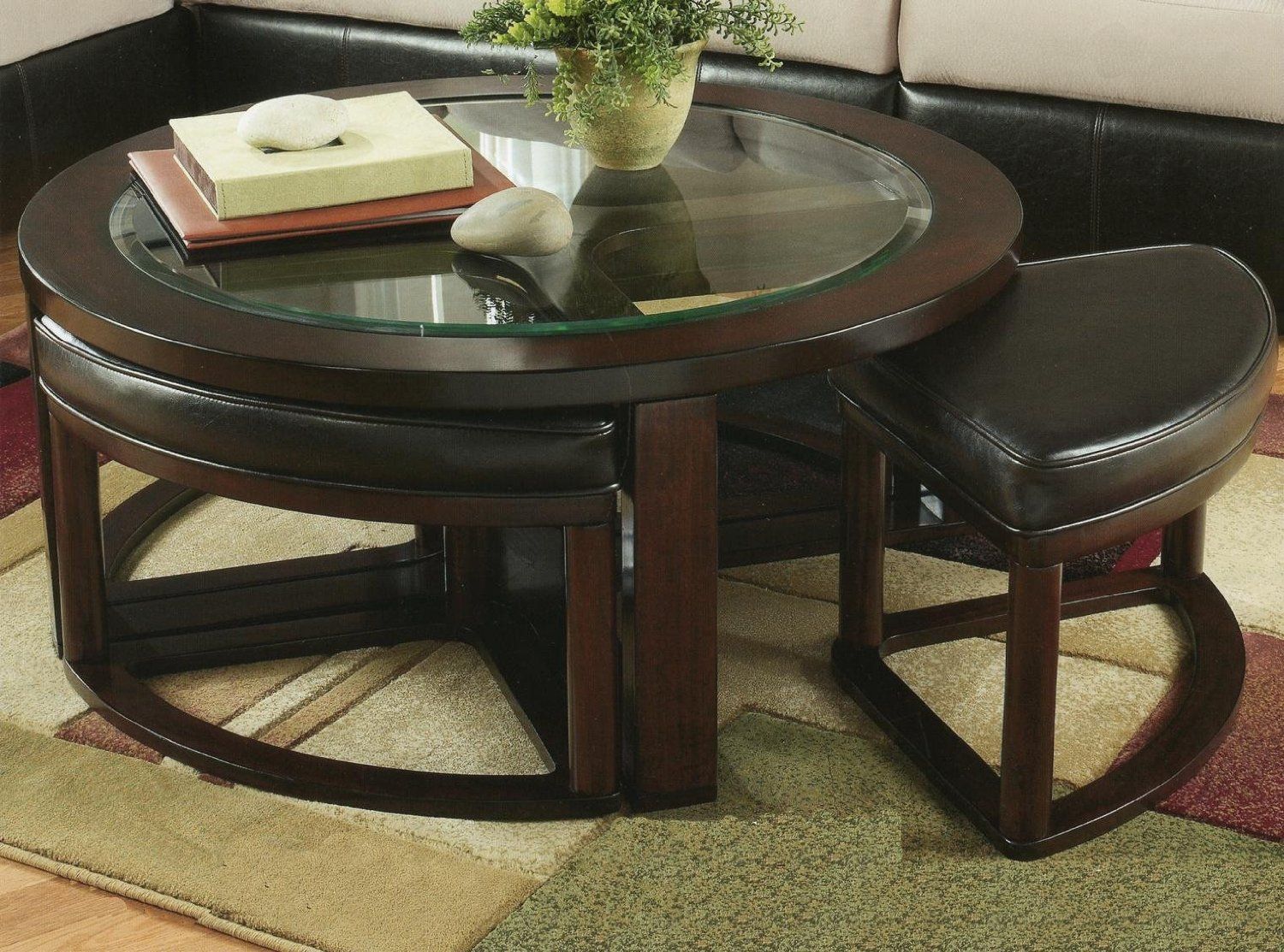 Roundhill Furniture Cylina Solid Wood Glass Top Round Coffee Table With 4 Stools (View 10 of 10)