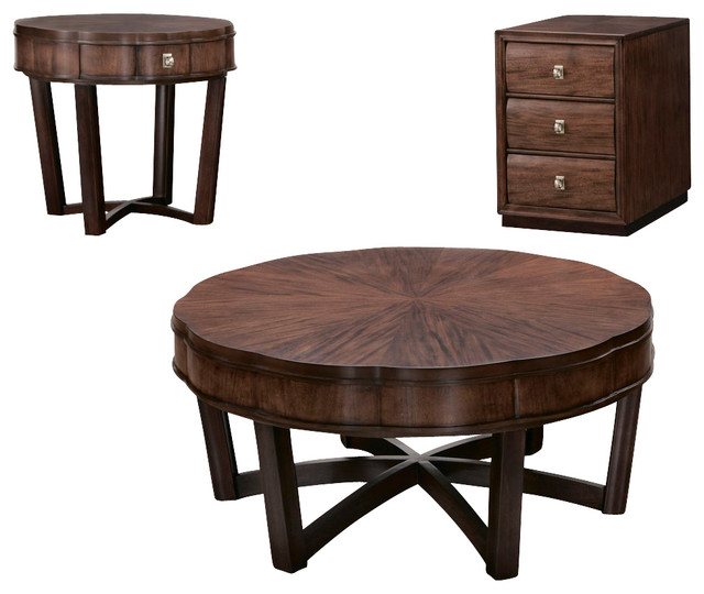 American Drew Miramar 3 Piece Round Coffee Table Set In Auburn Traditional Coffee Table Furniture Round Coffee Table Sets (Photo 2 of 10)