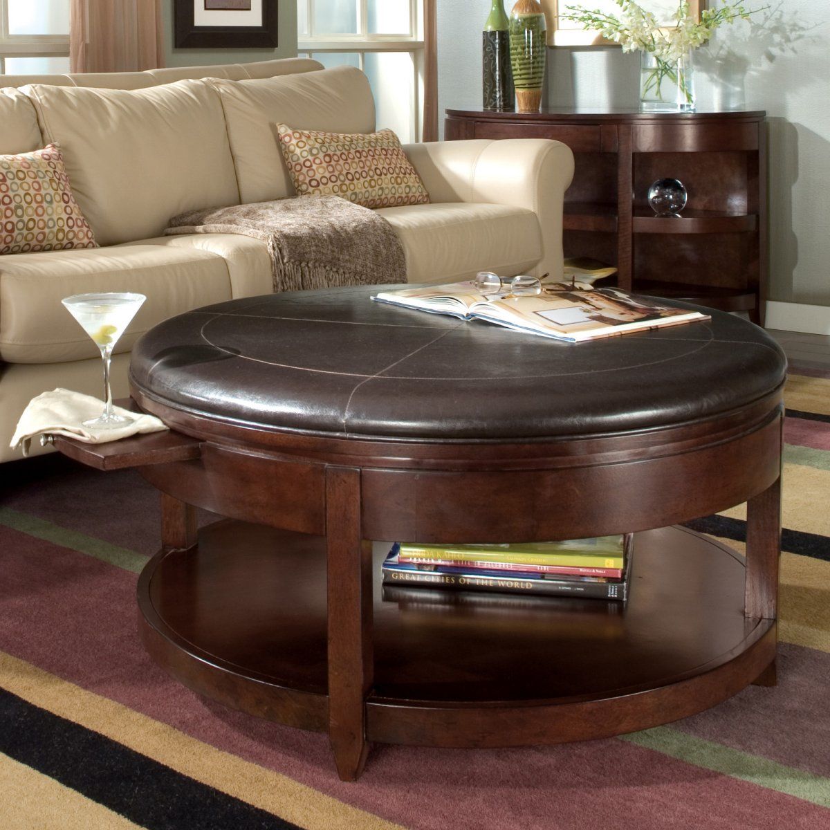 Brown Round Leather Ottoman Coffee Table Round Coffee Table Ottomans Round Leather Storage Ottoman (View 2 of 10)