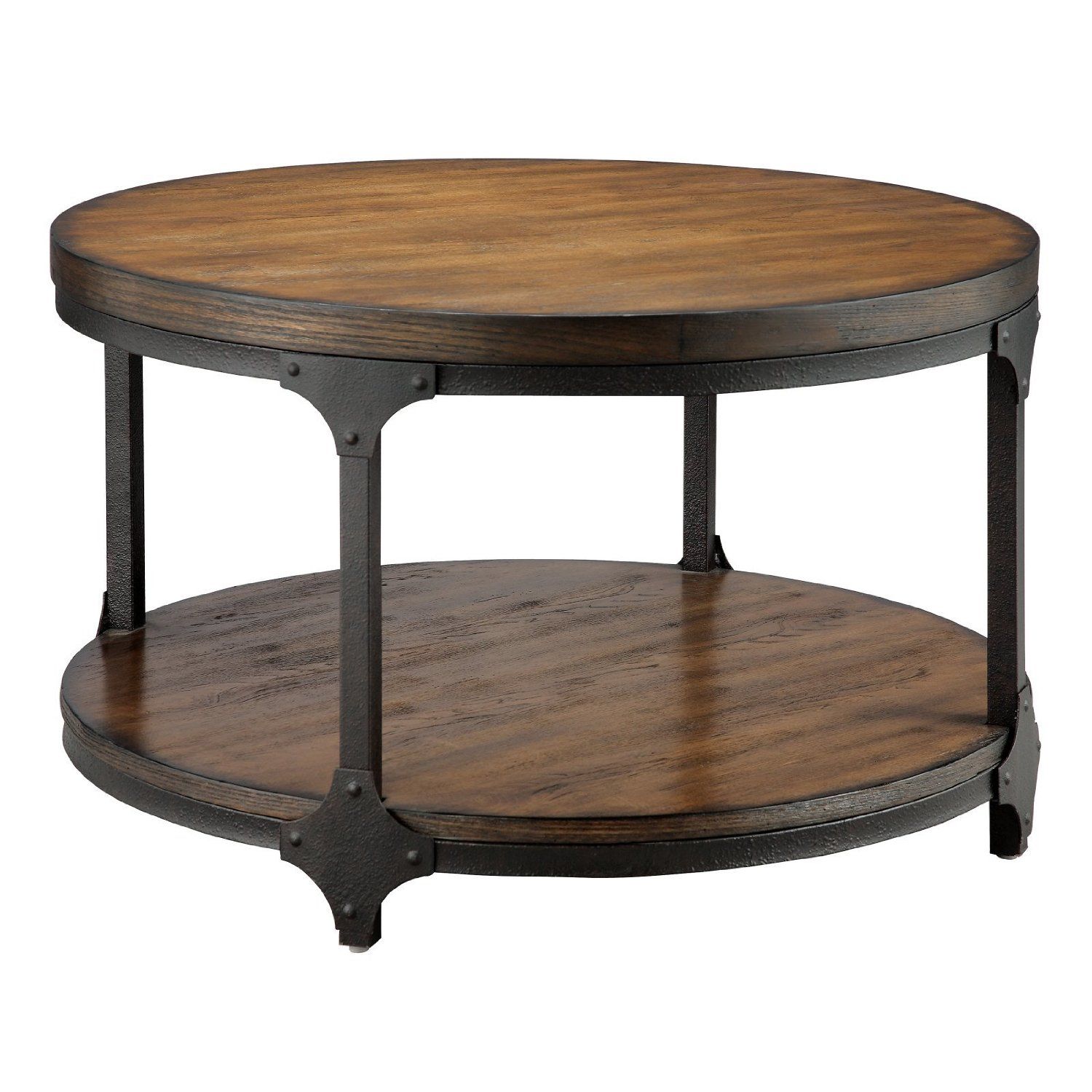Brown Varnished Wooden Coffee Table With Rustic Round Rustic Coffee Tables Furniture Living Room Round Wooden Coffee Table With Ladder Shelf And Black Metal Frame Round Metal And W (View 1 of 10)