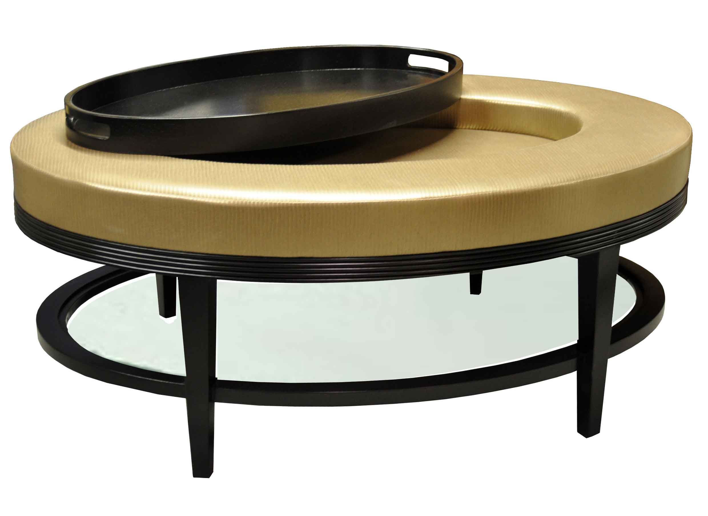 Furniture Light Gold Color Round Faux Leather Ottoman Coffe Table With Wooden Base And Coffee Round Trays For Coffee Tables (View 1 of 9)