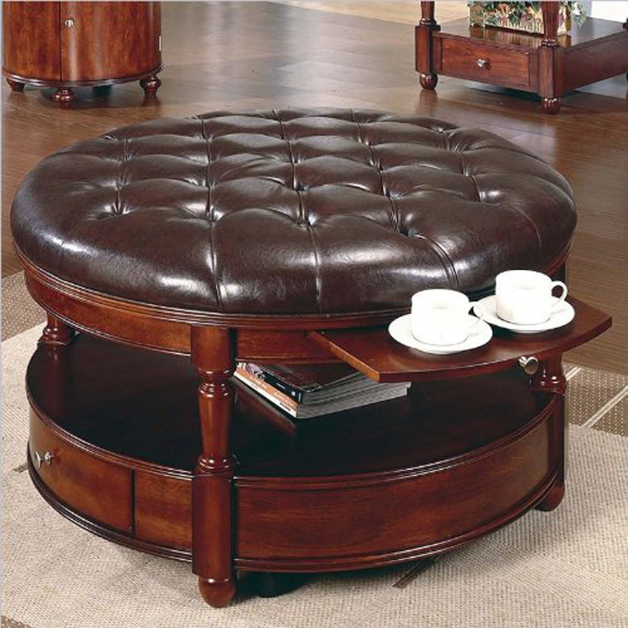 Furniture Round Ottoman Coffee Table With Leather Seat And Wooden Material Also Built In Drawer Beautiful Coffe (Photo 1 of 8)