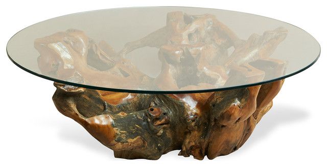 Hedin Rustic Lodge Glass Teak Root Round Coffee Table Transitional Coffee Tables Rustic Round Coffee Tables (View 2 of 10)