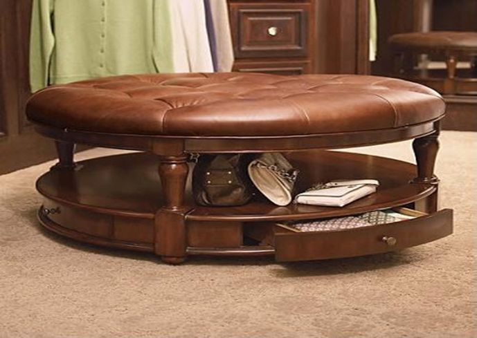 Living Room Round Ottoman Coffee Table Ideas Round Leather Coffee Table With Small Drawers Round Leather Coffee Tables (View 4 of 10)