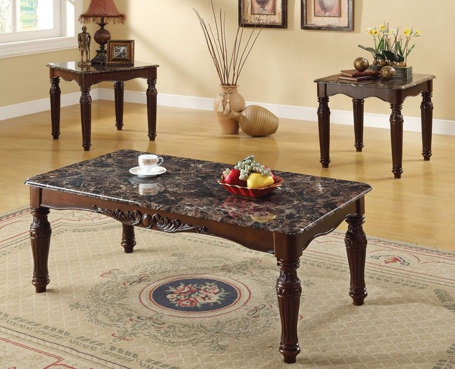 Marble Top Coffee Table Sets Ornate Wood Mouldings On Wood Frame And Thick Legs Provide A Traditional Style With Sturdy Support (View 8 of 10)