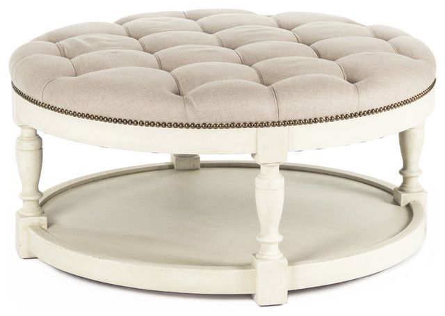 Marseille Cream Linen Tufted Coffee Table Ottoman This Beautifully Tufted Natural Linen Ottoman Commands Round Fabric Ottoman Coffee Table (View 3 of 10)
