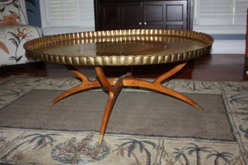 Over 44 Inch Extra Large Round Moroccan Brass Tray Coffee Table Wood Spider Legs Extra Large Round Coffee Table (View 7 of 10)