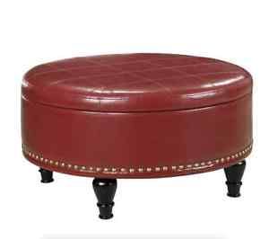 Red Round Leather Storage Studded Ottoman Flip Top Home Furniture Coffee Table Round Leather Coffee Table Ottoman Brown Leather Sofa And Painted Coffee Table (View 6 of 10)