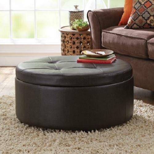 Round Storage Ottoman Brown Faux Leather Wood Table Top Coffee Table Modern Mid Round Tufted Ottoman Coffee Table (View 7 of 10)