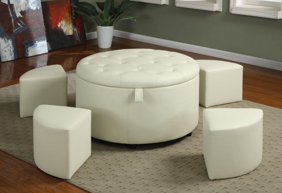 Round White Leather Ottoman Coffee Table Also Cream Pattern Shag Wool Rug Round Ottoman Coffee Table With Storage (View 6 of 10)