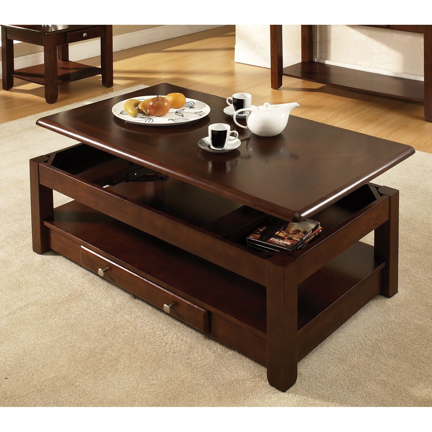 Square Shape Wood Dark Brown On Carpet With Grey Color Steve Silver Coffee Table Sets Nelson Lift Top Coffee Table (Photo 7 of 10)