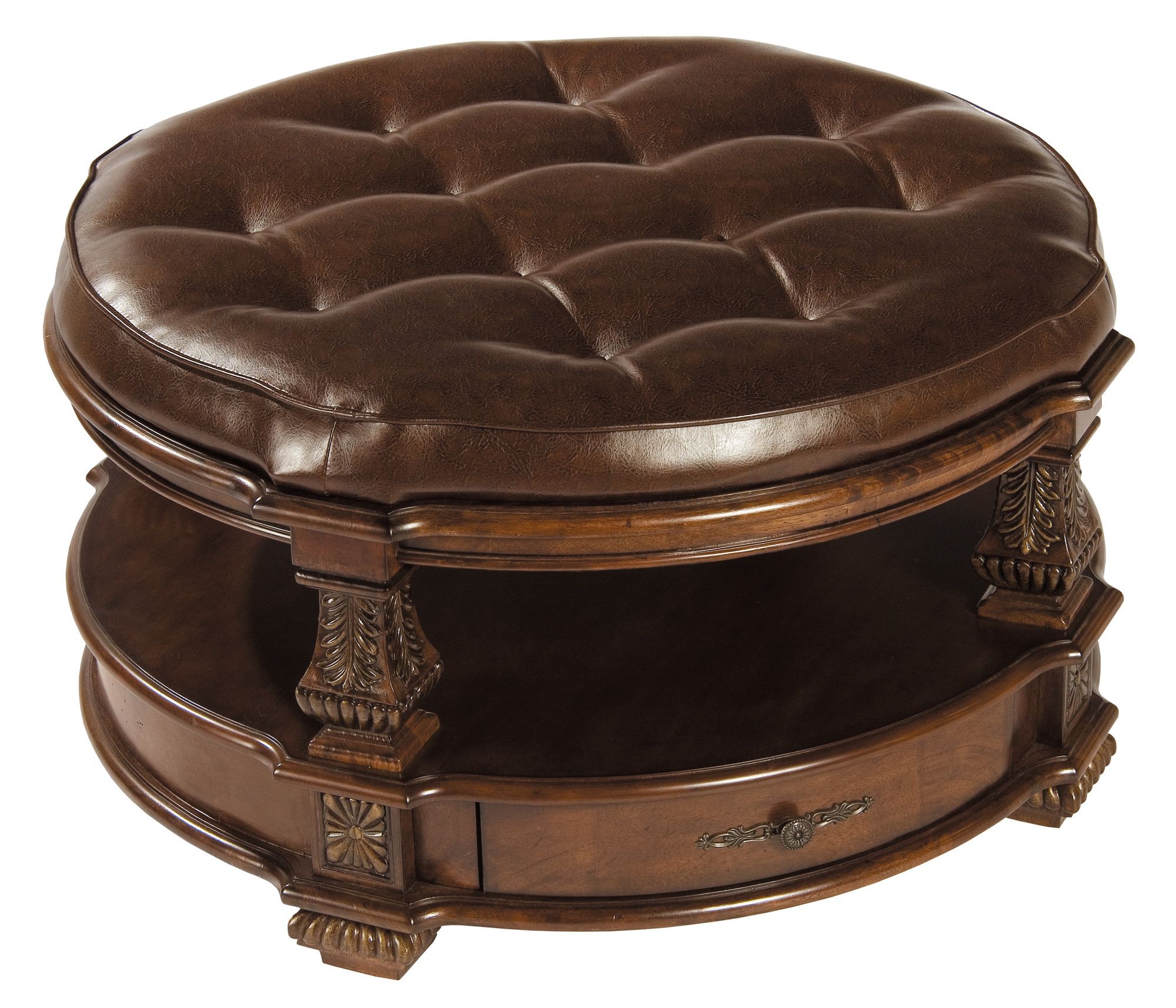 This Circular Castered Ottoman From Stein World Features Detailed Carved Wood Frame With Drawer Storage Round Leather Ottomans Coffee Tables (View 10 of 10)