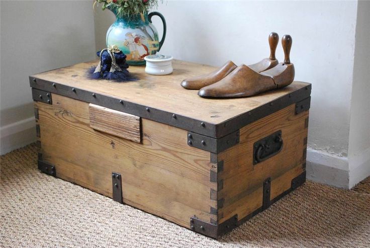 Vintage Rustic Pine Box Chest Trunk Rustic Trunk Coffee Table (Photo 9 of 9)