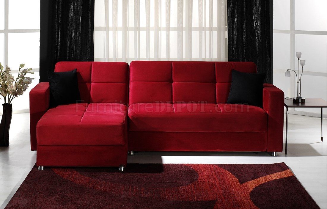 Convertible Sectional Sofa Wstorages In Red Microfiber Properly Inside Elegant Sectional Sofas (Photo 9 of 20)