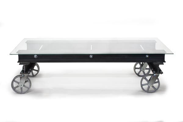 Handmade Modern Industrial Glass I Beam Coffee Table With Casters Properly Intended For Glass Coffee Tables With Casters (View 8 of 20)