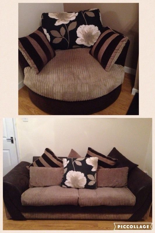 Suede Effect Brown Cream Cord Cushion Back 3 Seater Sofa Cuddle Properly Regarding 3 Seater Sofa And Cuddle Chairs (View 6 of 20)