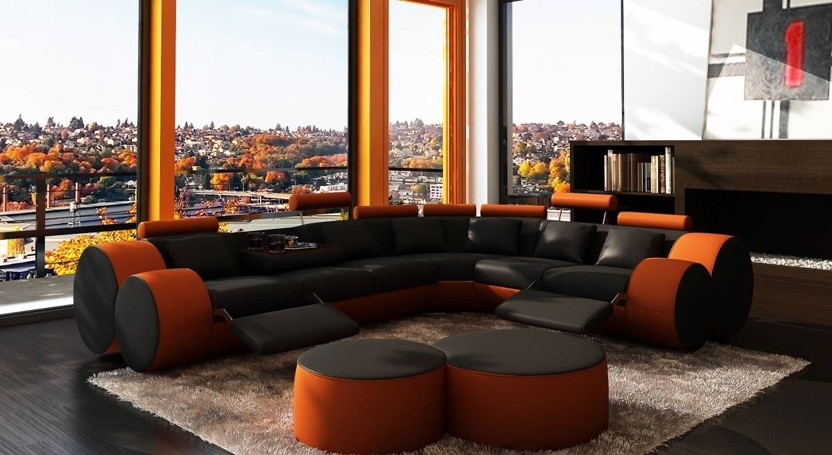 3087 Modern Black And Orange Leather Sectional Sofa And Coffee Table Inside Orange Sectional Sofa (View 17 of 30)