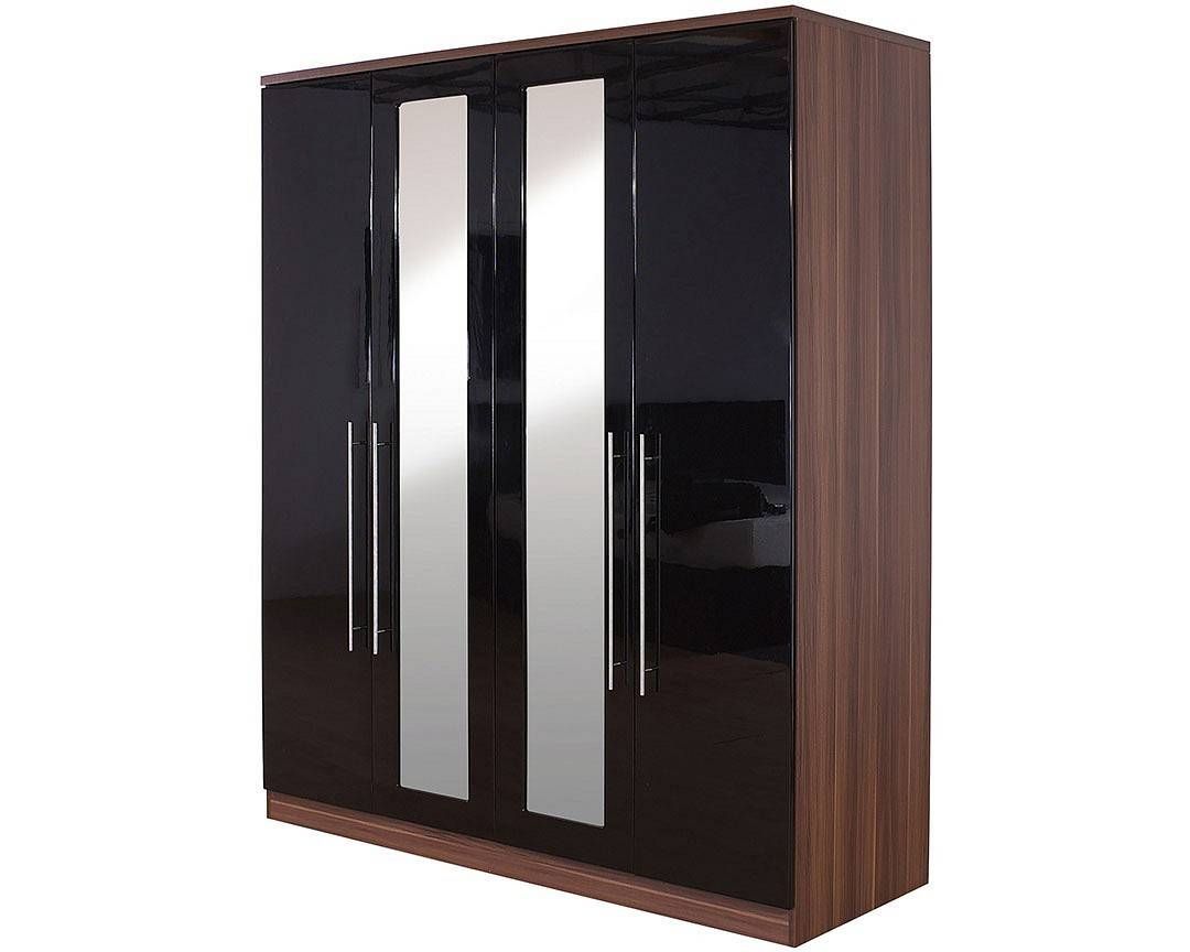 4 Door Mirrored Wardrobe – High Gloss Black And Walnut Inside Black Gloss Mirror Wardrobes (View 14 of 15)