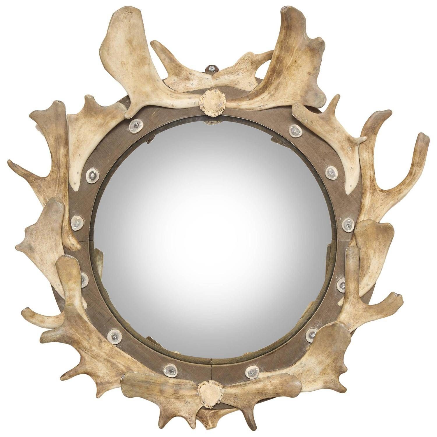 Antler And Wood Mounted Round Frame With Inset Convex Mirrored Regarding Antique Round Mirrors (View 10 of 25)