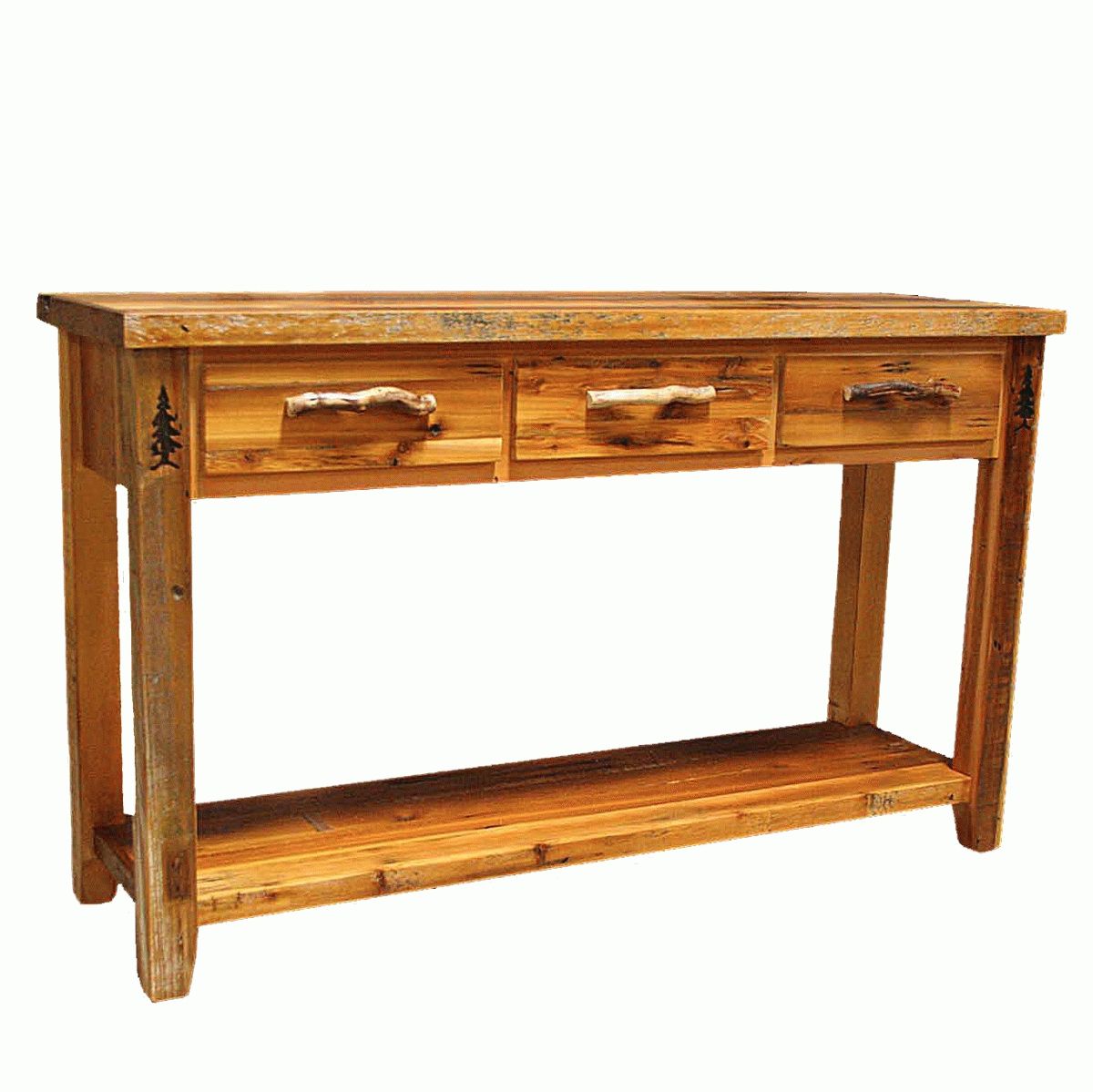 Barnwood 3 Drawer Sofa Table With Shelf With Tree Carving Regarding Sofa Table Drawers (View 9 of 30)