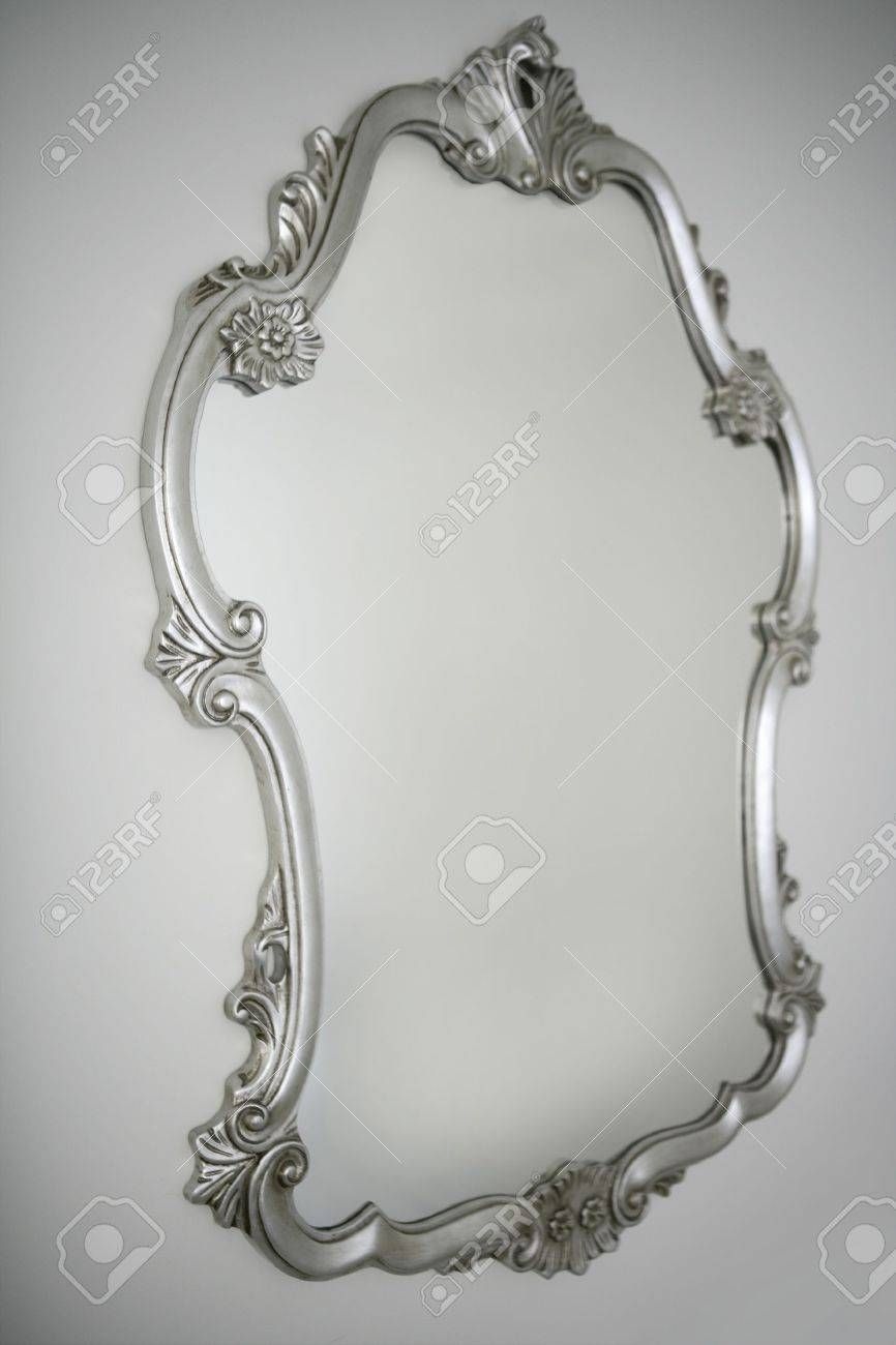 Baroque Silver Mirror Over White Wall Background, Copy Stock Photo With Regard To White Baroque Mirrors (View 25 of 25)