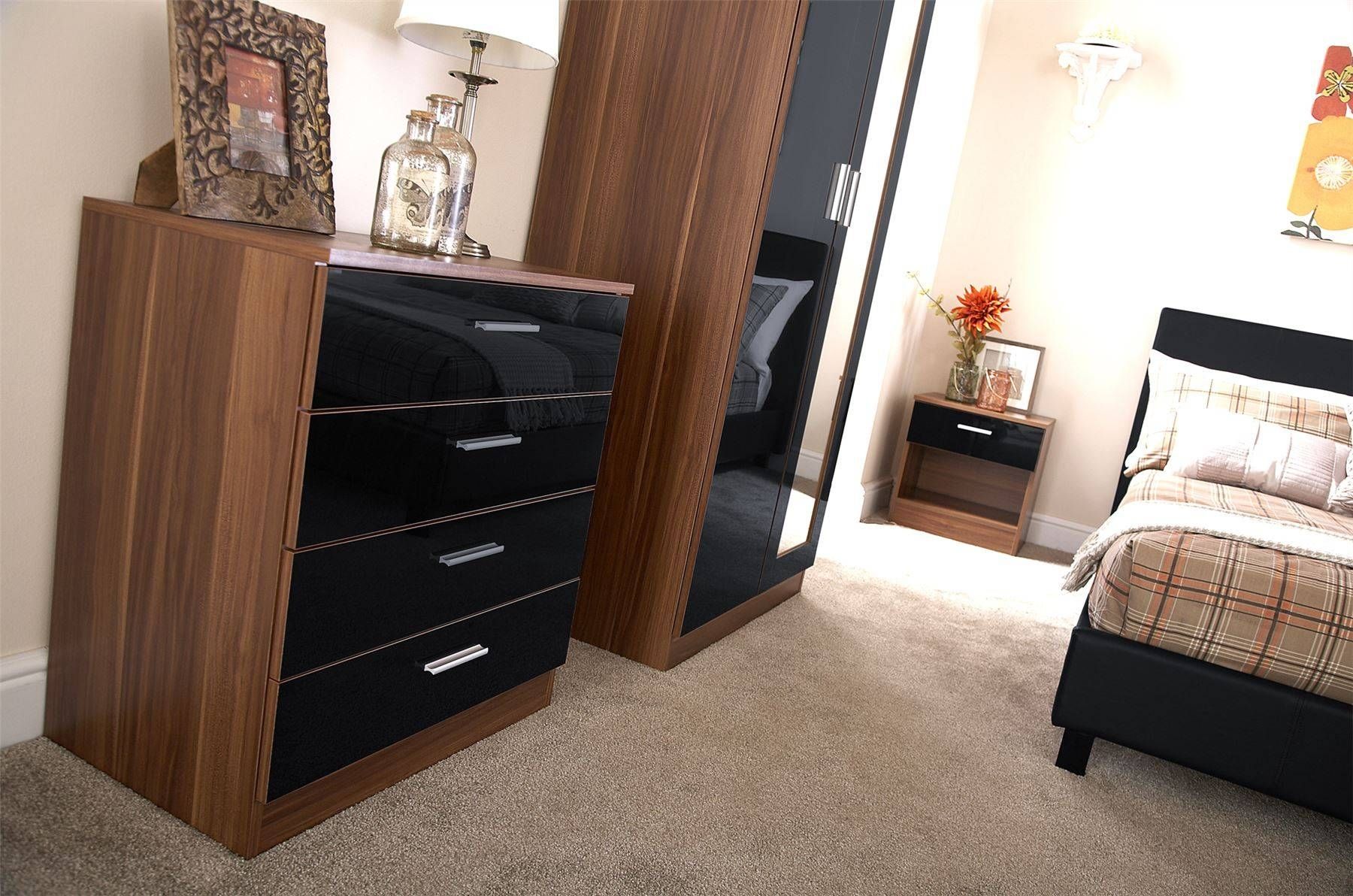 Bedroom Furniture 3 Piece Set Black Gloss & Walnut Wardrobe With Black Shiny Wardrobes (Photo 6 of 15)