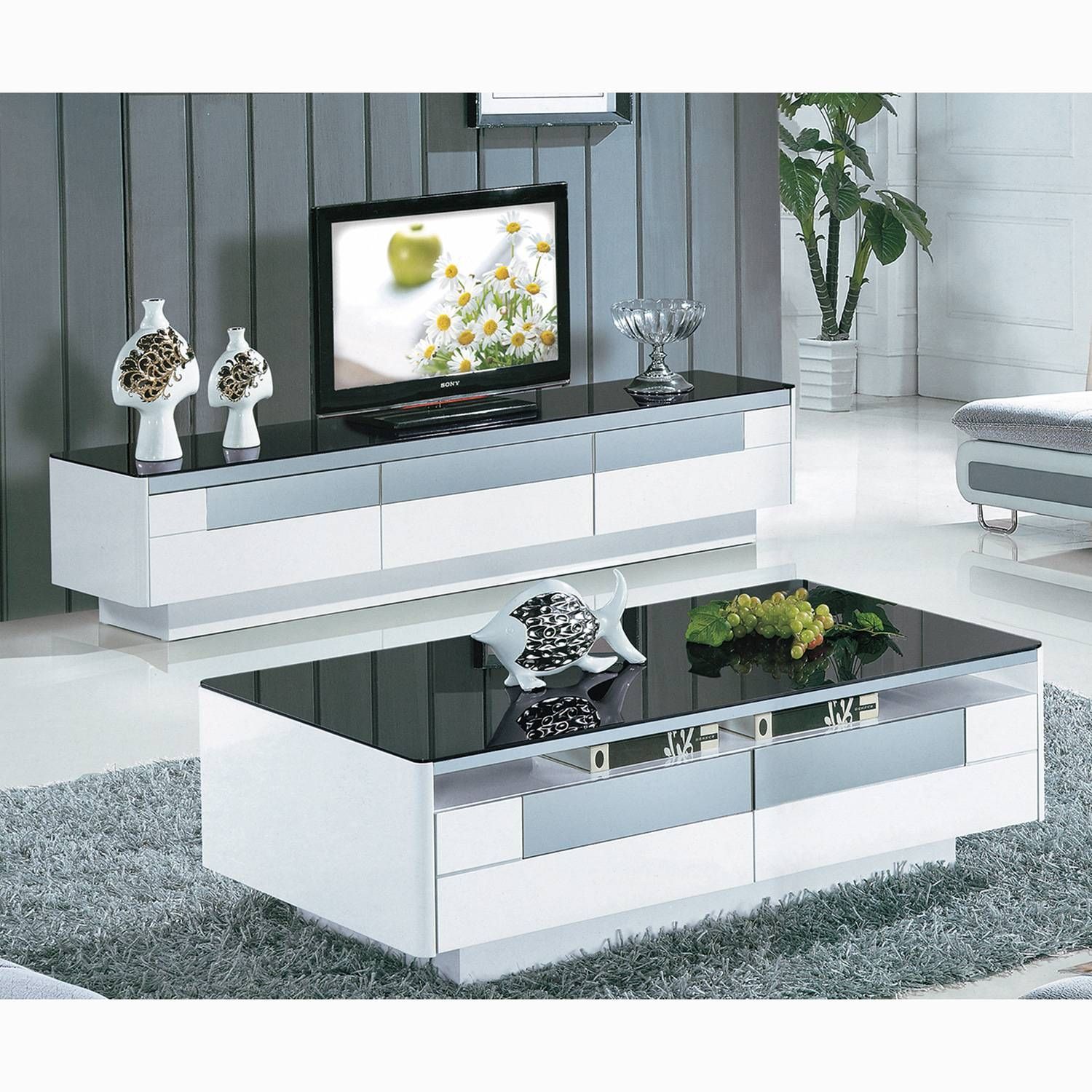 Black And White Tempered Glass Coffee Table Living Room Furniture Regarding Tv Cabinet And Coffee Table Sets (Photo 5 of 30)