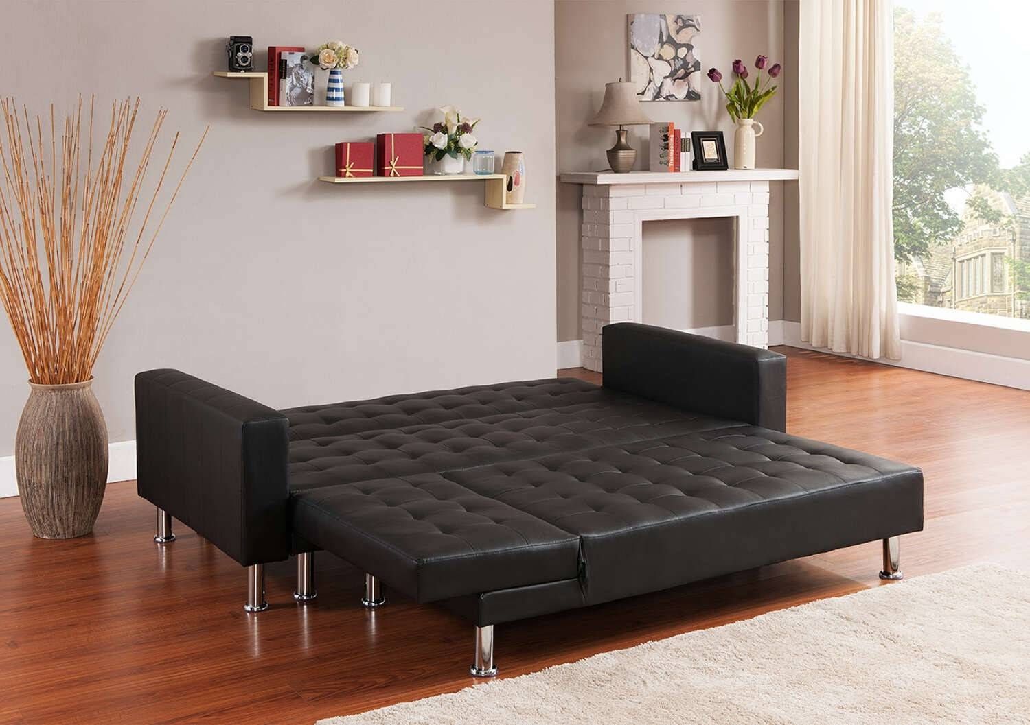 Black Orlando 3/4 Seats Leather Corner Sofa Bed | Furniturebox Inside Leather Corner Sofa Bed (Photo 17 of 30)
