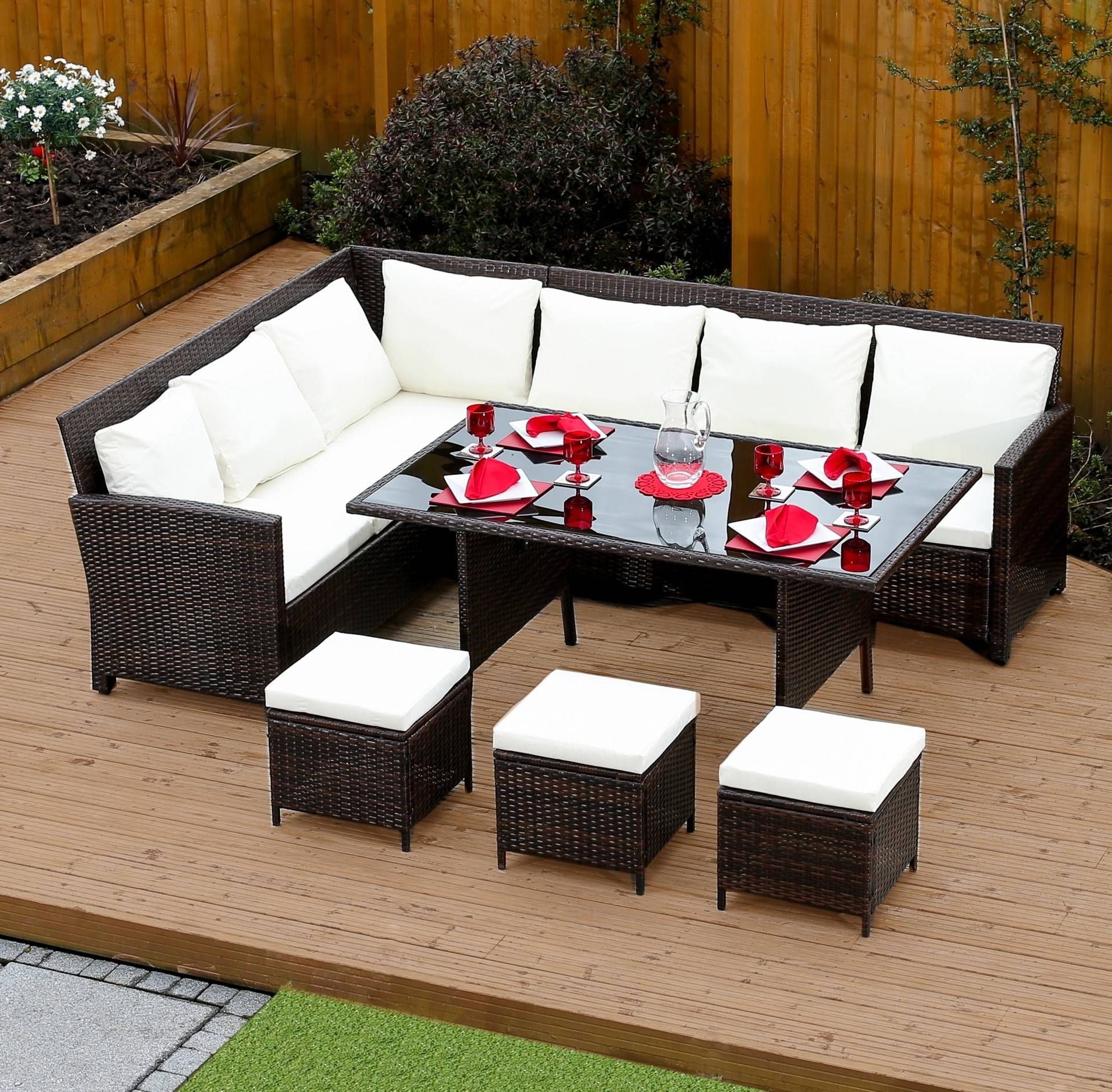 Brown 9 Seat Rattan Corner Dining Set From Abreo Abreo Home Furniture For Sofa Table Chairs (Photo 22 of 30)