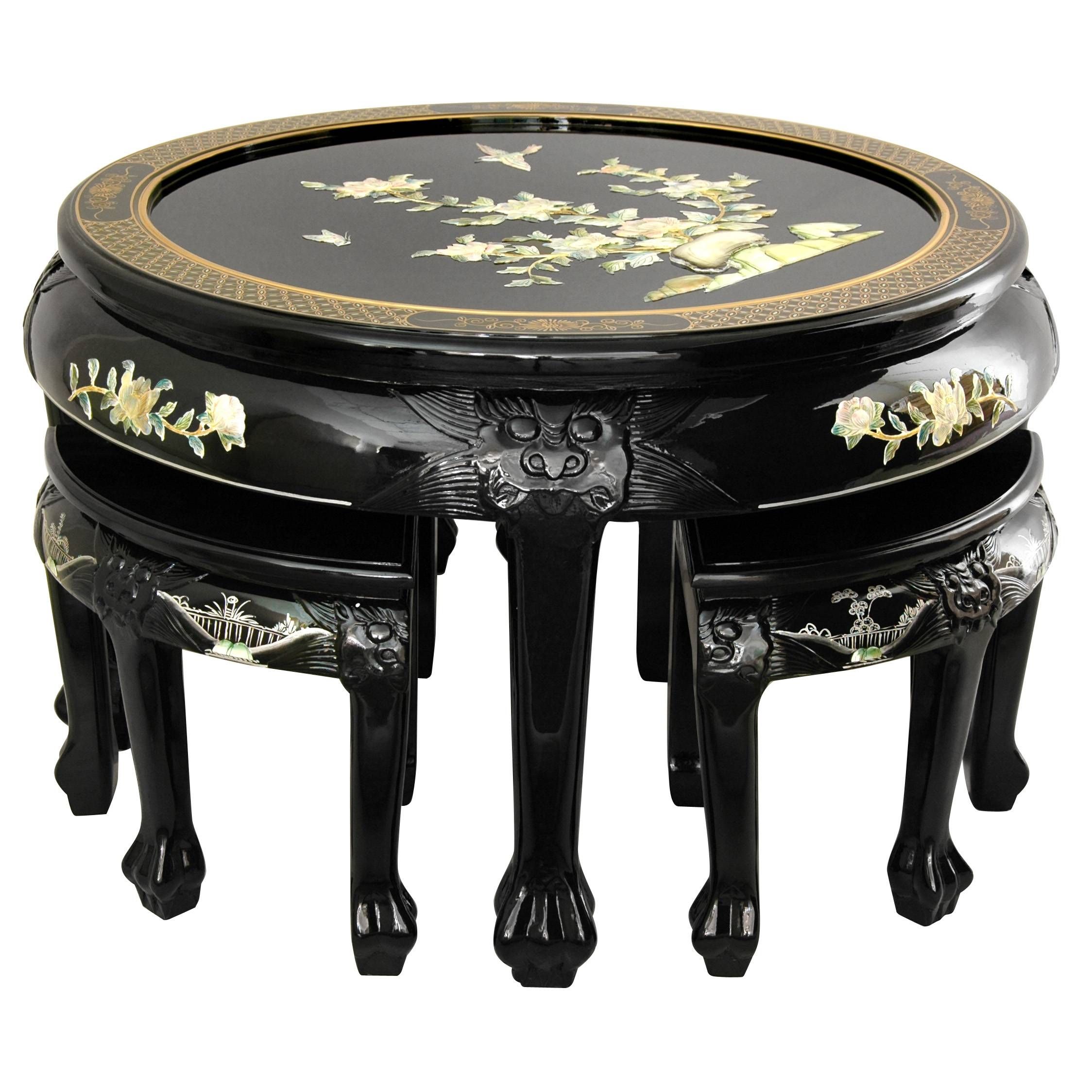 Buy Black Lacquer Mother Of Pearl Round Coffee Table W/ Four Intended For Coffee Table With Stools (View 28 of 30)