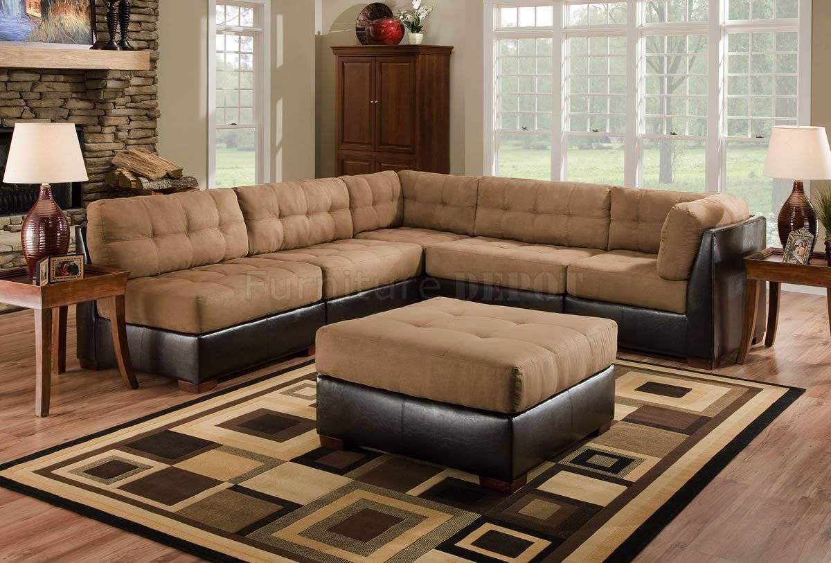 Camel Fabric Sectional Sofa With Dark Brown Faux Leather Base Inside Camel Sectional Sofa (View 5 of 30)