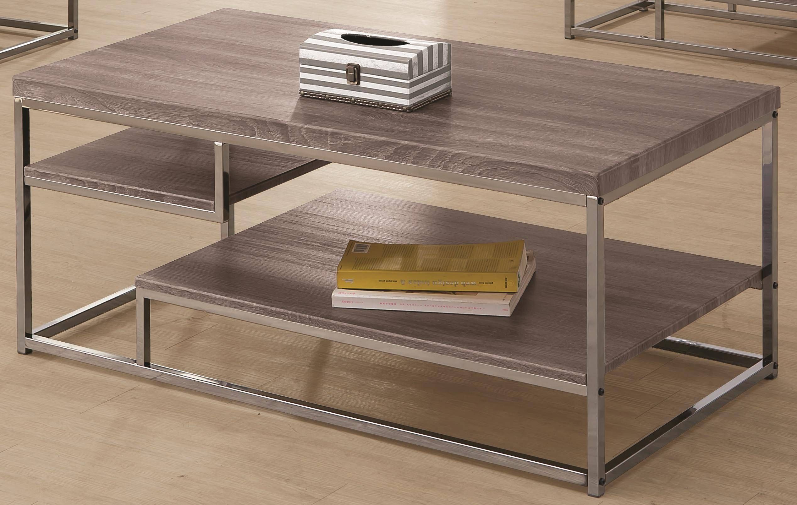 Coaster 7037 2 Shelf Coffee Table With Wood Top And Chrome Frame Pertaining To Grey Coffee Table Sets (View 13 of 30)