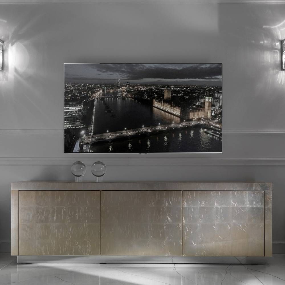 Contemporary Champagne Silver Leaf Sideboard Tv Unit | Juliettes Within Silver Sideboards (View 23 of 30)