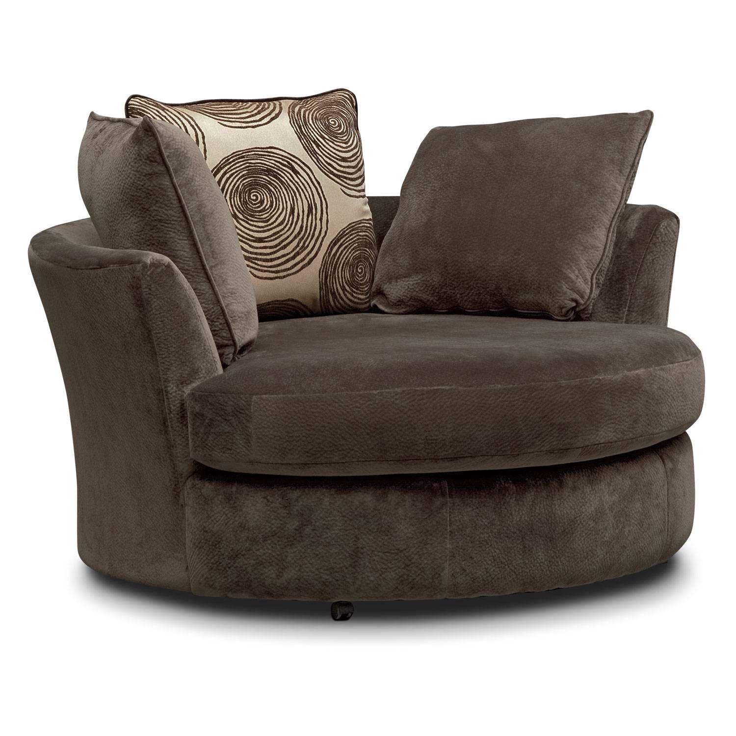 Cordelle Swivel Chair – Chocolate | Value City Furniture Regarding Round Swivel Sofa Chairs (View 3 of 30)