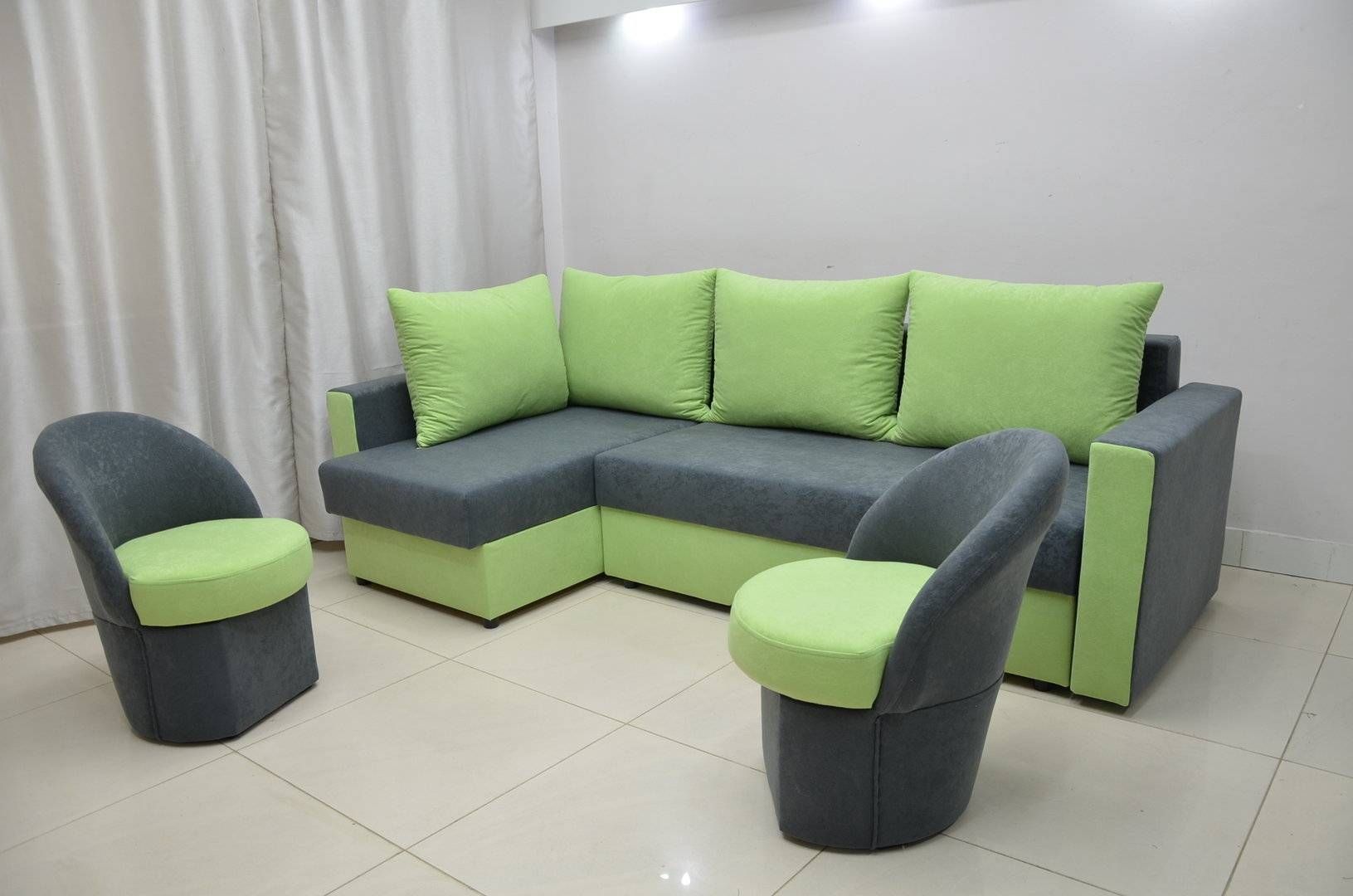 Corner Sofa Bed Suedline Fabric Dk Grey / Apple Green + 2 Small Regarding Corner Sofa Chairs (View 12 of 30)