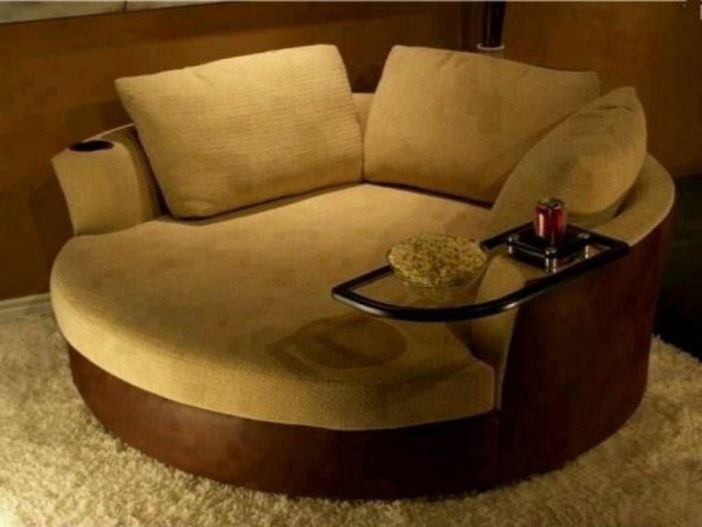 Dark Brown Leather Based Oversized Sofa With Light Brown Velvet Pertaining To Round Swivel Sofa Chairs (View 29 of 30)