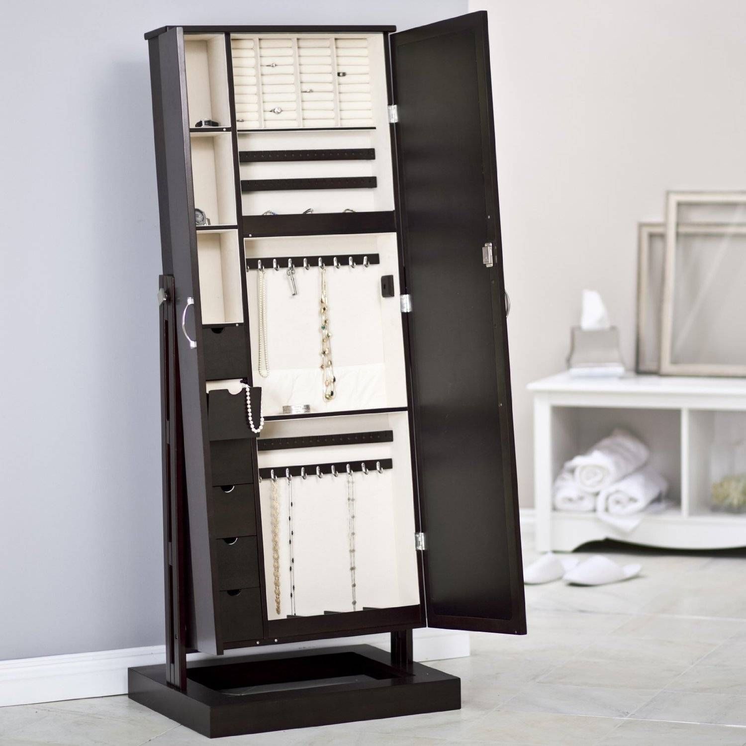 Decorating: Charming Wooden Standing Mirror Jewelry Armoire In Throughout Silver Free Standing Mirrors (View 23 of 25)