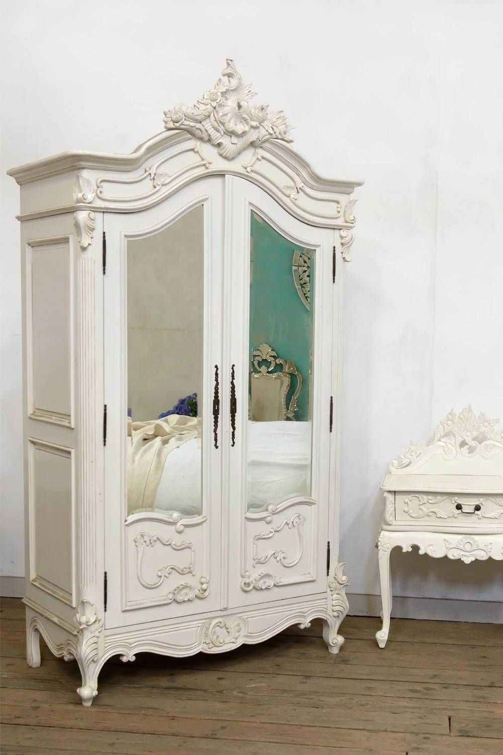 Dusx French Rococo Antique White Armoire Wardrobe With Bevelled Throughout White French Wardrobes (View 14 of 15)