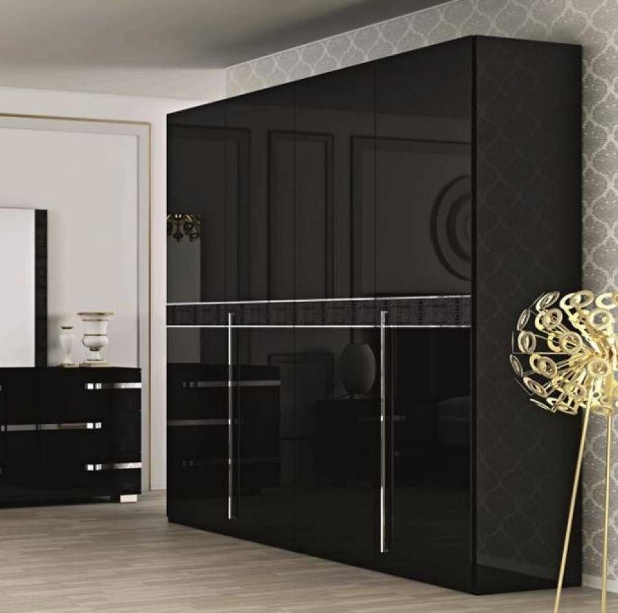 Fame, A 4 Door Wardrobe In Black Gloss, Opt. Crocodile Print Pertaining To Black Gloss Wardrobes (Photo 1 of 15)