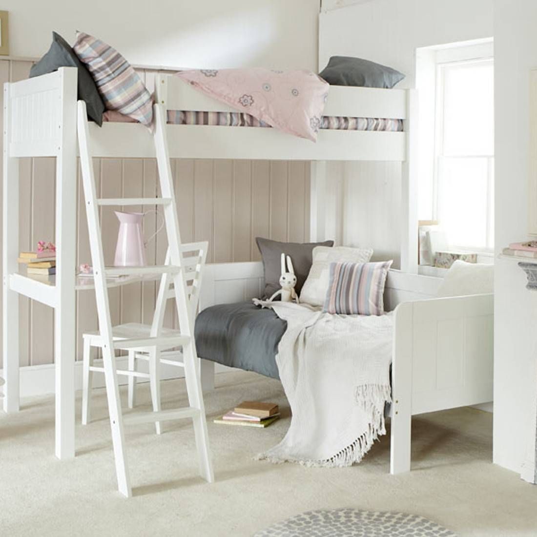 Fargo Ivory High Sleeper With Day Bed And Desk | Ollie & Leila In High Sleeper With Desk And Sofa Bed (View 26 of 30)