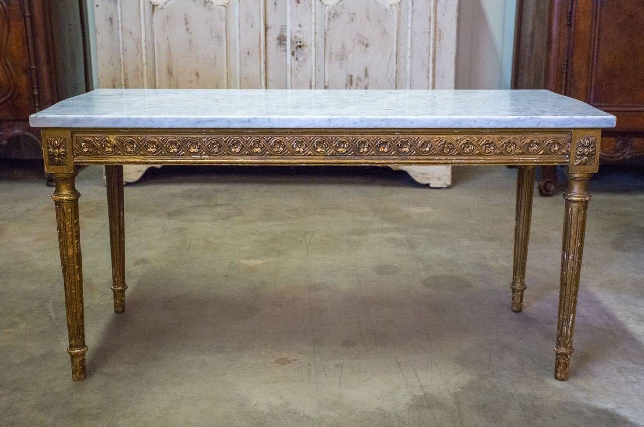 French Louis Xvi Style Gilded Coffee Table With Marble Top For Intended For Desk Coffee Tables (View 7 of 30)