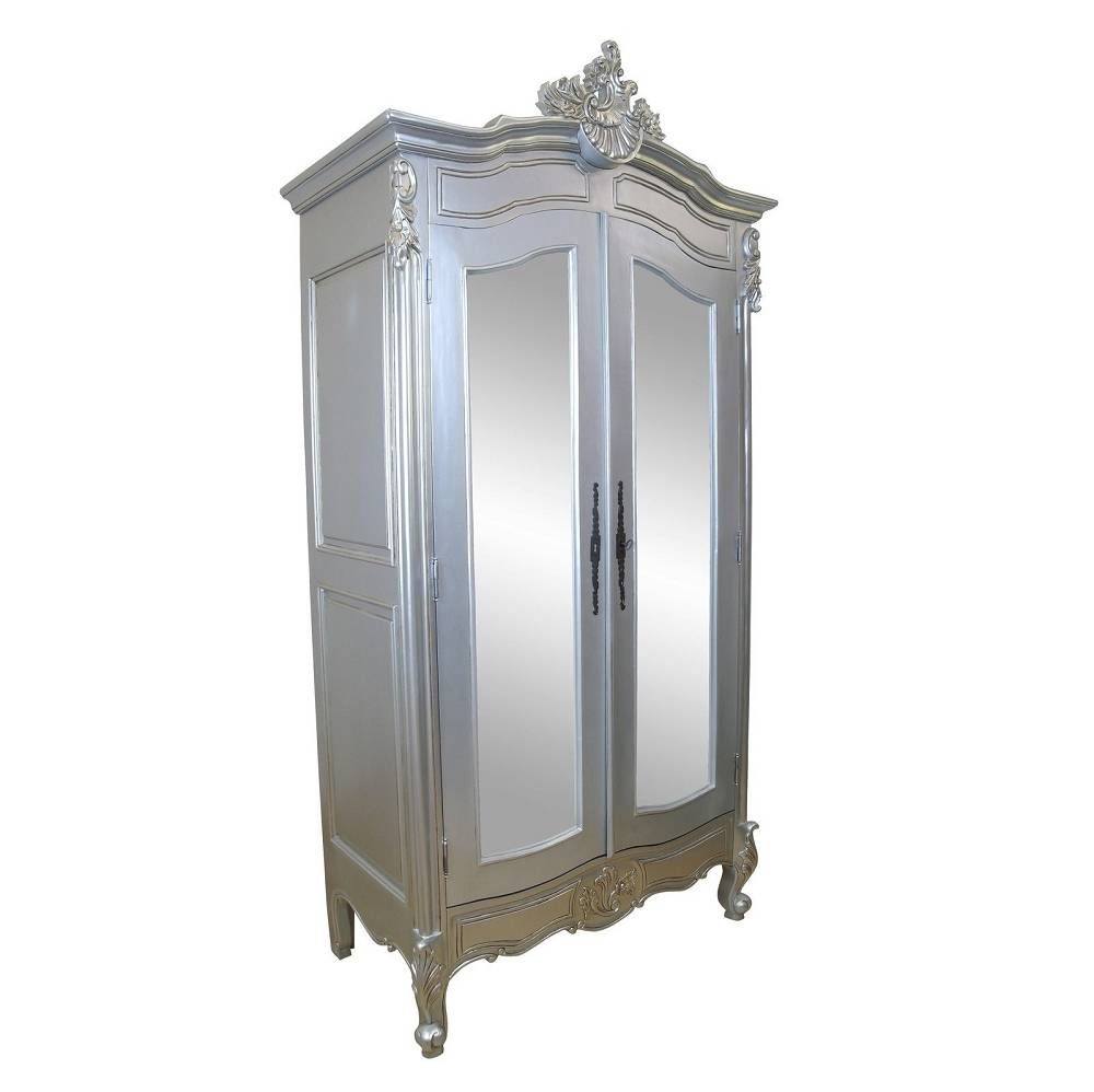 French Silver Hand Carved Full Mirror Double Armoire – Chic Seasons Inside Silver French Wardrobes (View 12 of 15)