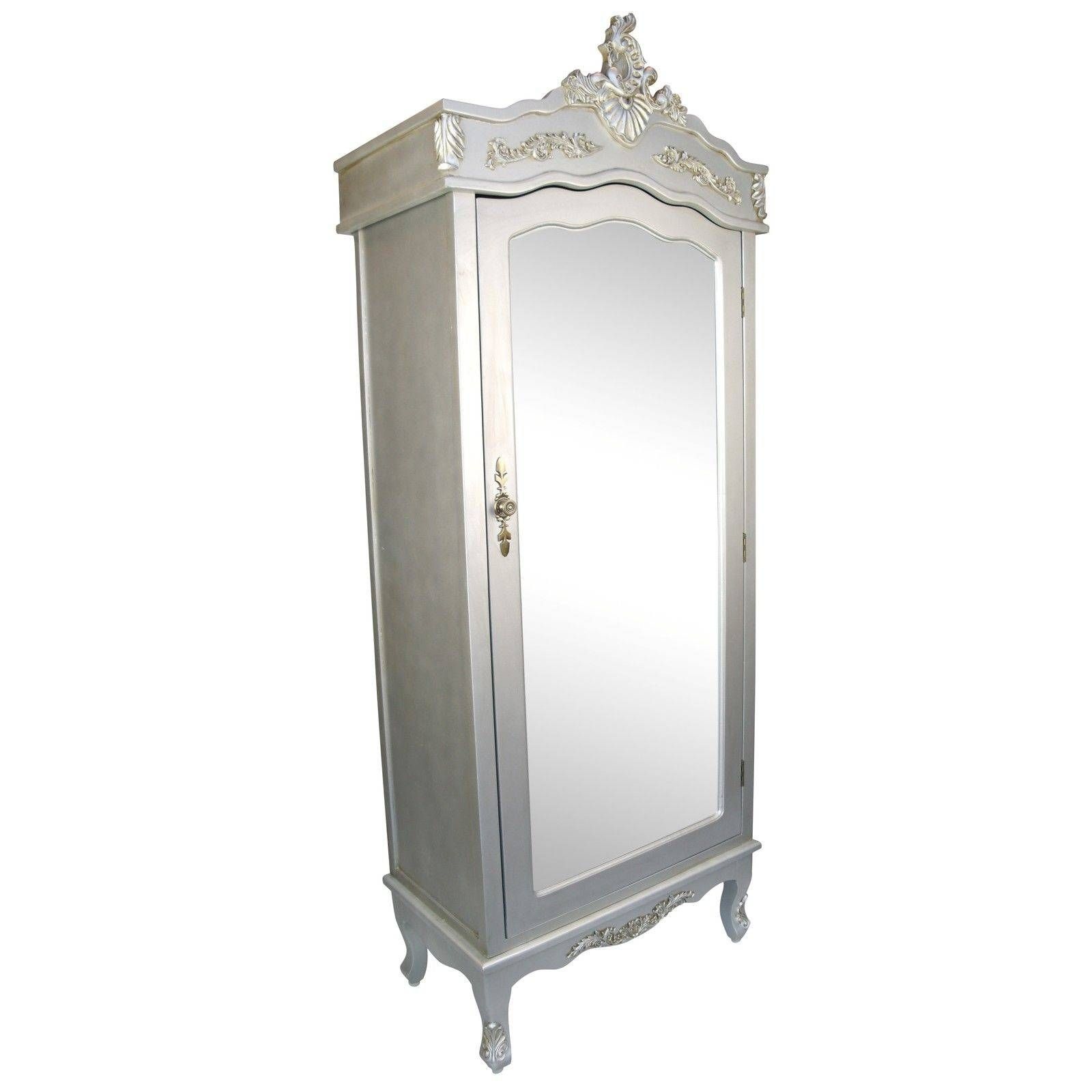 French Silver Single Door Armoire With Mirrored Door Furniture In Silver French Wardrobes (View 11 of 15)