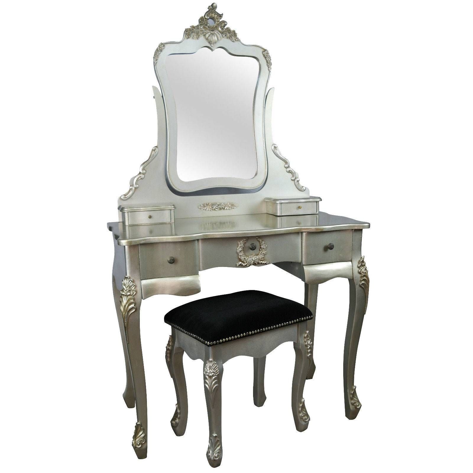 French Style Antique Silver Dressing Table And Stool Furniture Pertaining To French Style Dressing Table Mirrors (View 14 of 25)