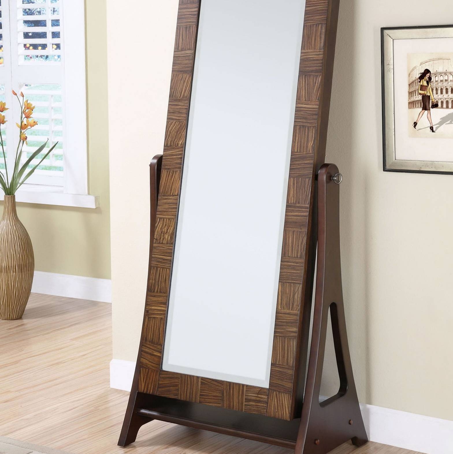 Furniture: Black Jewelry Armoire Mirror On Wooden Floor And Cream In Cream Standing Mirrors (Photo 1 of 25)