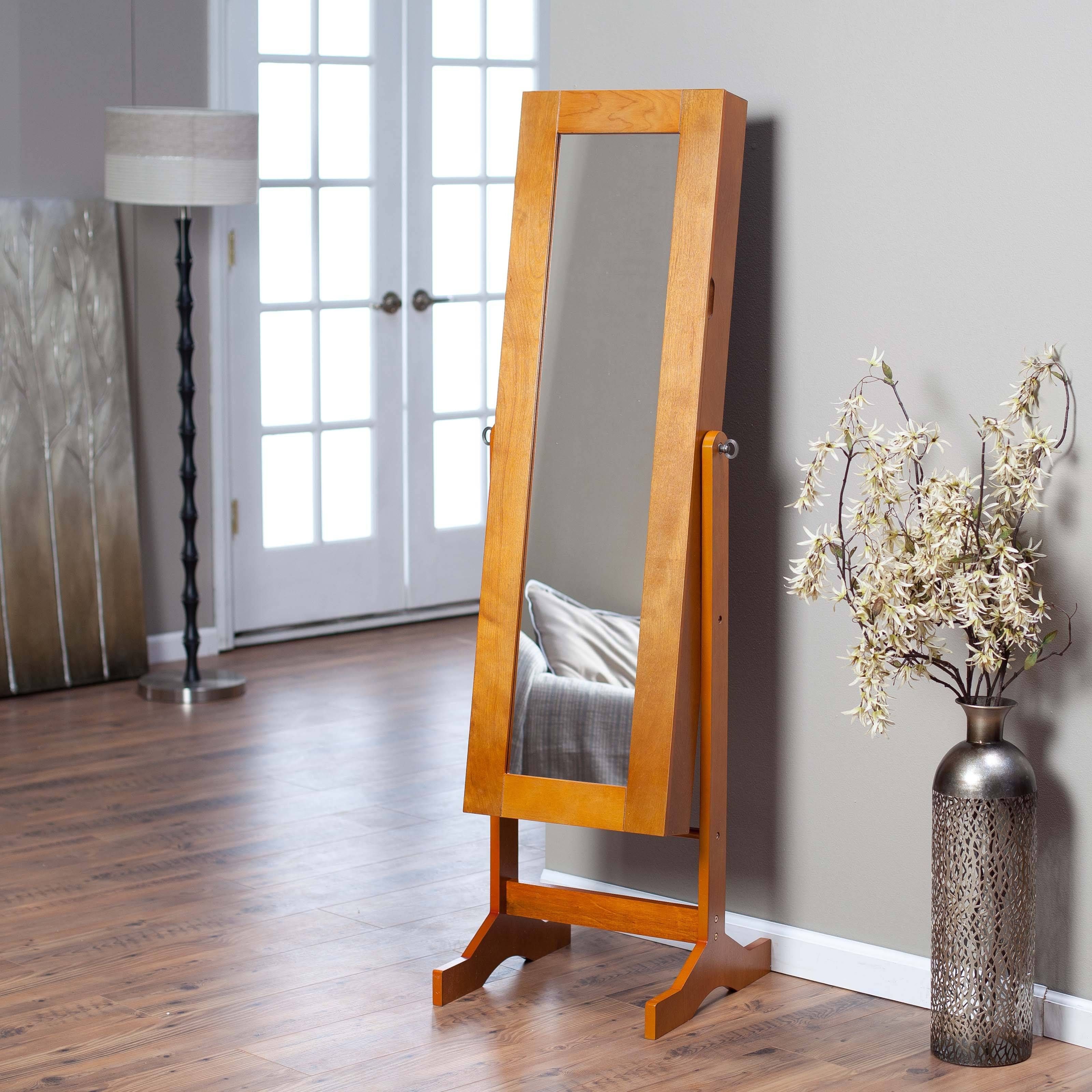 Furniture: Glossy Wood Standing Jewelry Armoire With Eight Drawers Pertaining To Full Length Free Standing Mirrors With Drawer (View 20 of 25)